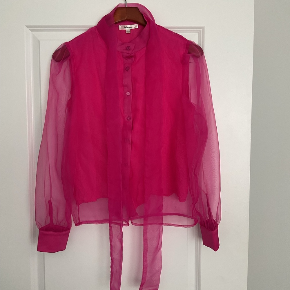 La Lavon Barbie pink chiffon spandex lining bow blouse